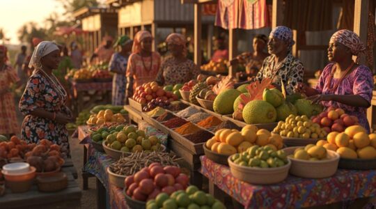 Vue panoramique colorée d'un marché créole guadeloupéen avec fruits tropicaux, épices et plats traditionnels colorés
