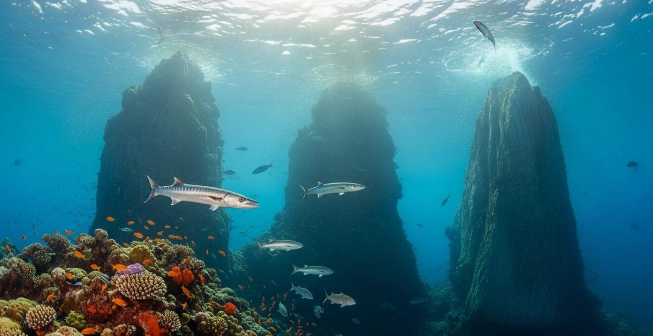 Vue sous-marine spectaculaire du Sec Pâté en Guadeloupe avec ses pitons rocheux entourés de bancs de poissons tropicaux et grands prédateurs