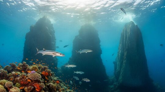 Vue sous-marine spectaculaire du Sec Pâté en Guadeloupe avec ses pitons rocheux entourés de bancs de poissons tropicaux et grands prédateurs