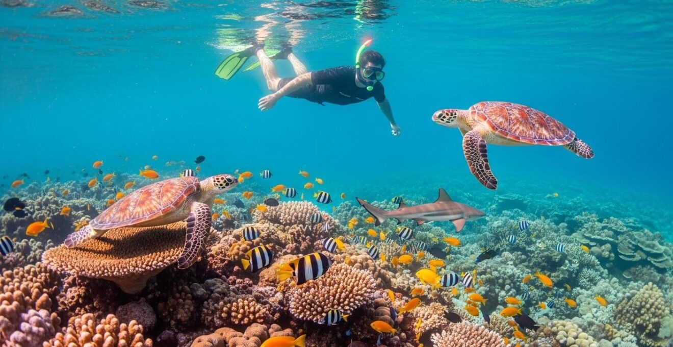 Snorkeleur observant la faune marine colorée dans le jardin de corail des îlets Pigeon, Guadeloupe