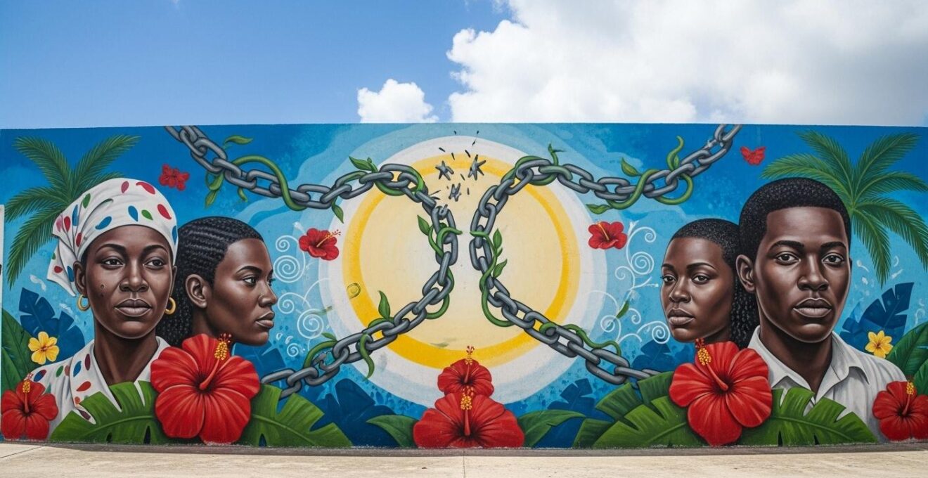 Fresque colorée de street art en Guadeloupe représentant des symboles culturels créoles et historiques