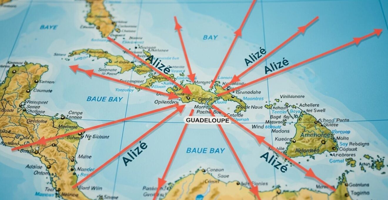 Carte stylisée avec vents alizés en Guadeloupe visualisant les zones de navigation sécurisées et les rafales.