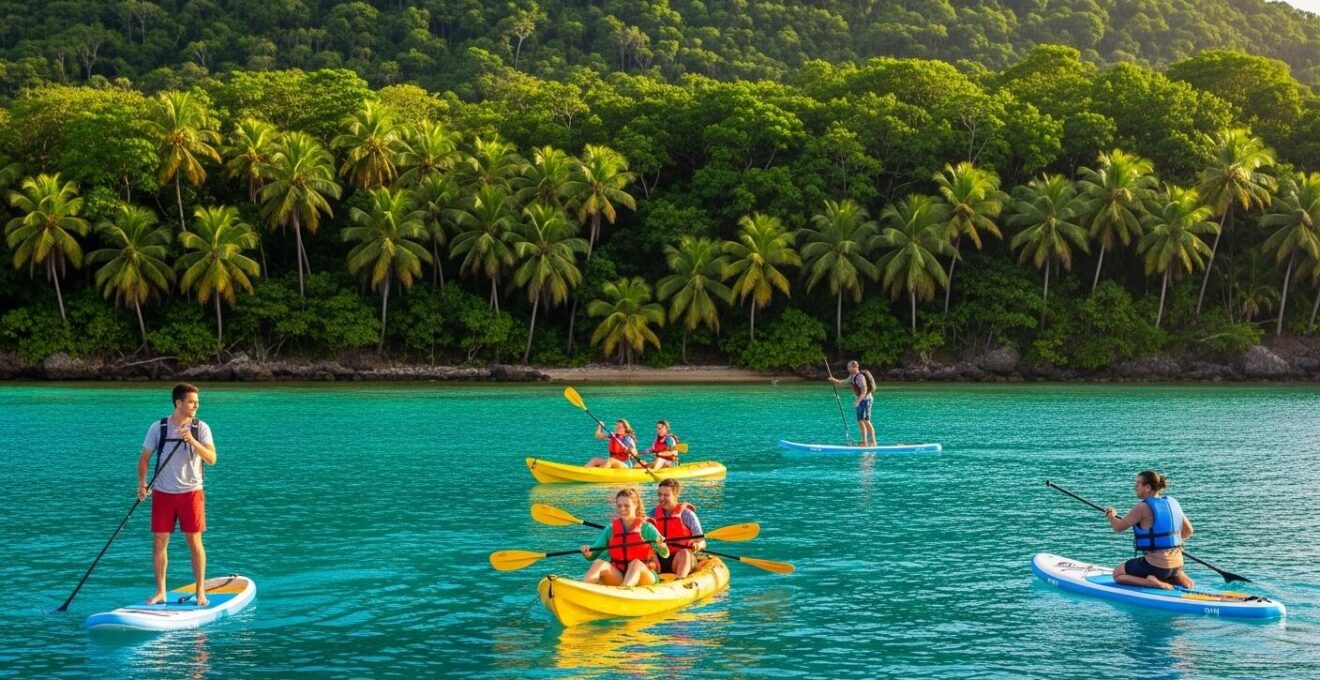 Personnes pratiquant du sport en pleine nature en Guadeloupe avec vue panoramique sur la mer et la forêt tropicale