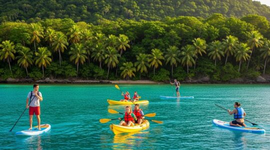 Personnes pratiquant du sport en pleine nature en Guadeloupe avec vue panoramique sur la mer et la forêt tropicale