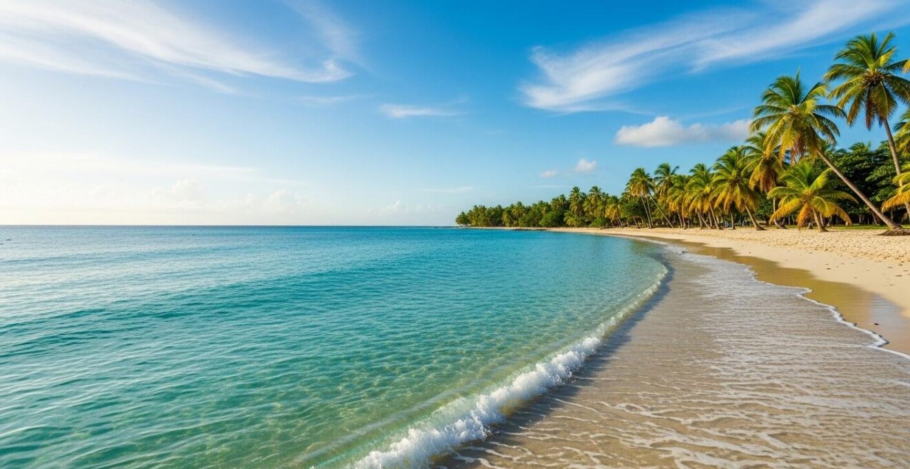 Une plage paradisiaque de Guadeloupe avec eau turquoise, sable blanc et palmiers, symbolisant l'expérience immersive et sensorielle de la mer des Caraïbes