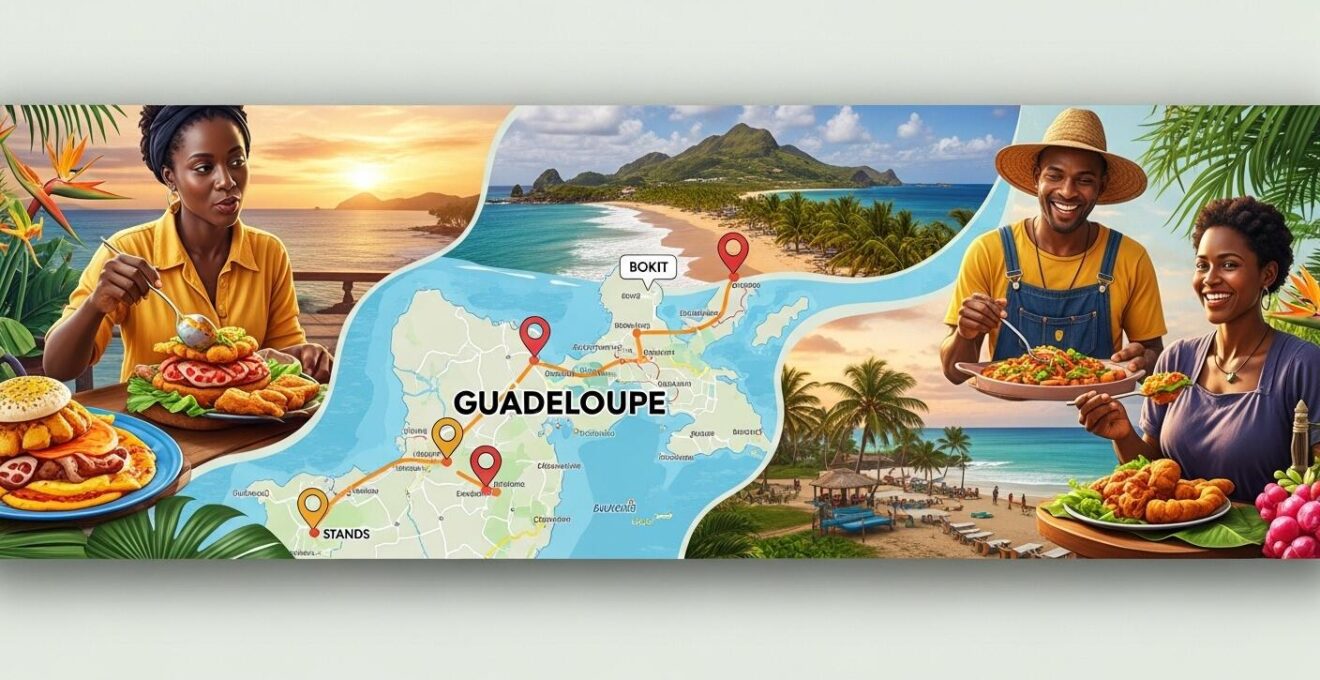 Collage coloré montrant un parcours gastronomique en Guadeloupe avec des mets locaux, paysages tropicaux et scènes de marché
