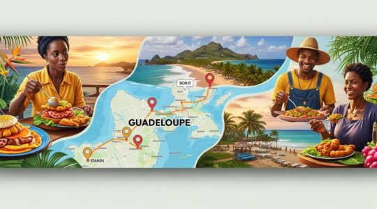 Collage coloré montrant un parcours gastronomique en Guadeloupe avec des mets locaux, paysages tropicaux et scènes de marché