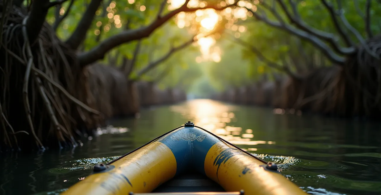 Annexe pneumatique naviguant dans un chenal étroit entre les mangroves au petit matin