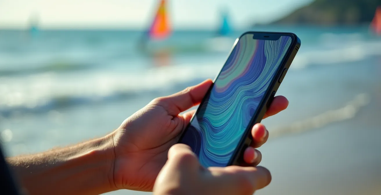 Main tenant un téléphone montrant des données météo colorées face à l'océan