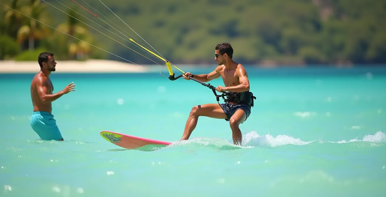 Débutant en kitesurf dans un lagon peu profond aux eaux cristallines en Guadeloupe