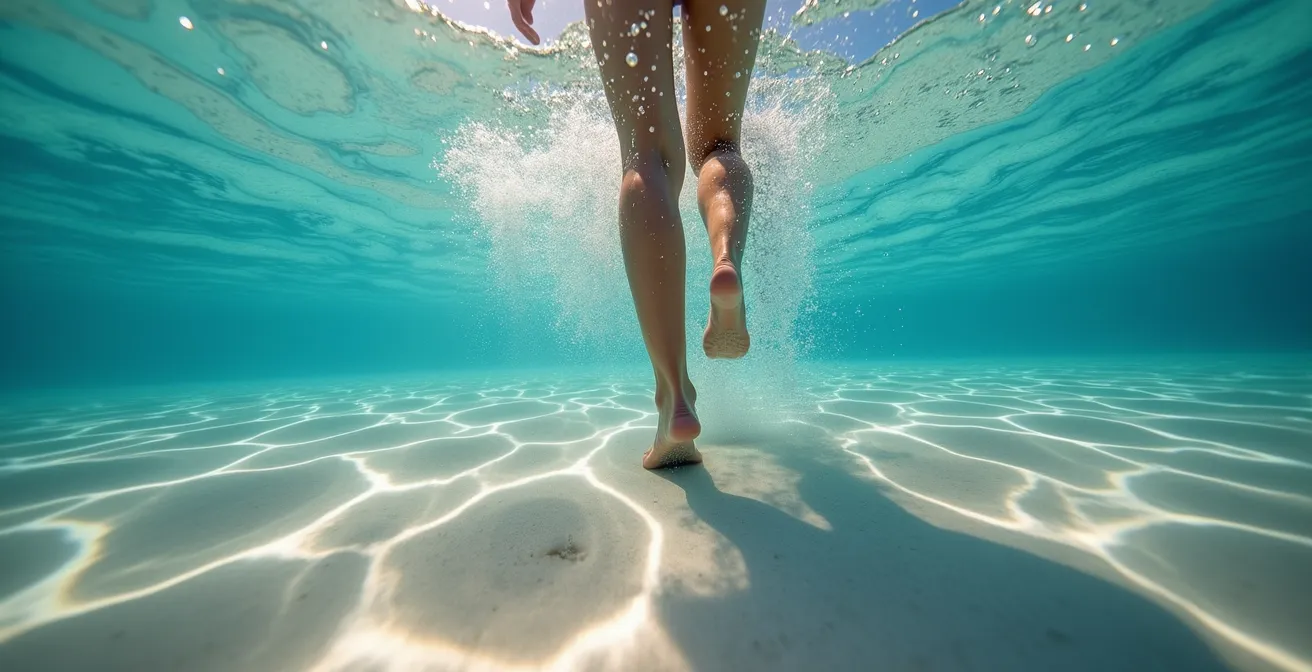 Groupe pratiquant l'aquagym dans un lagon peu profond avec eau turquoise