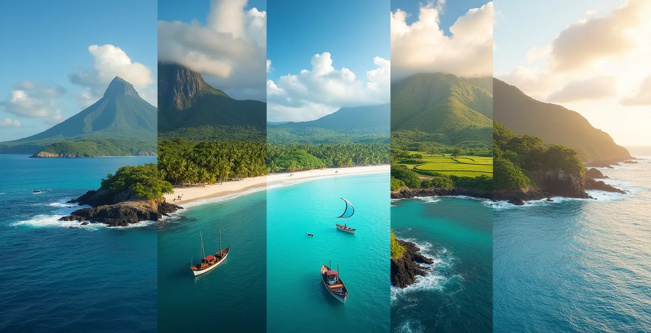 Collage photographique montrant la diversité des cinq îles de Guadeloupe avec leurs caractéristiques uniques