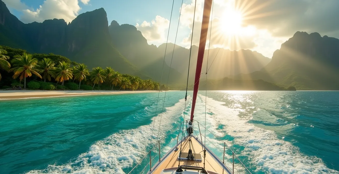 Voilier approchant d'une île tropicale verdoyante aux Antilles avec palmiers et montagnes en arrière-plan