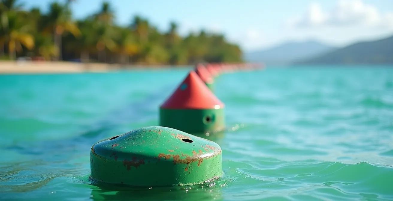 Alignement de bouées vertes et rouges marquant un chenal d'entrée de port en Guadeloupe