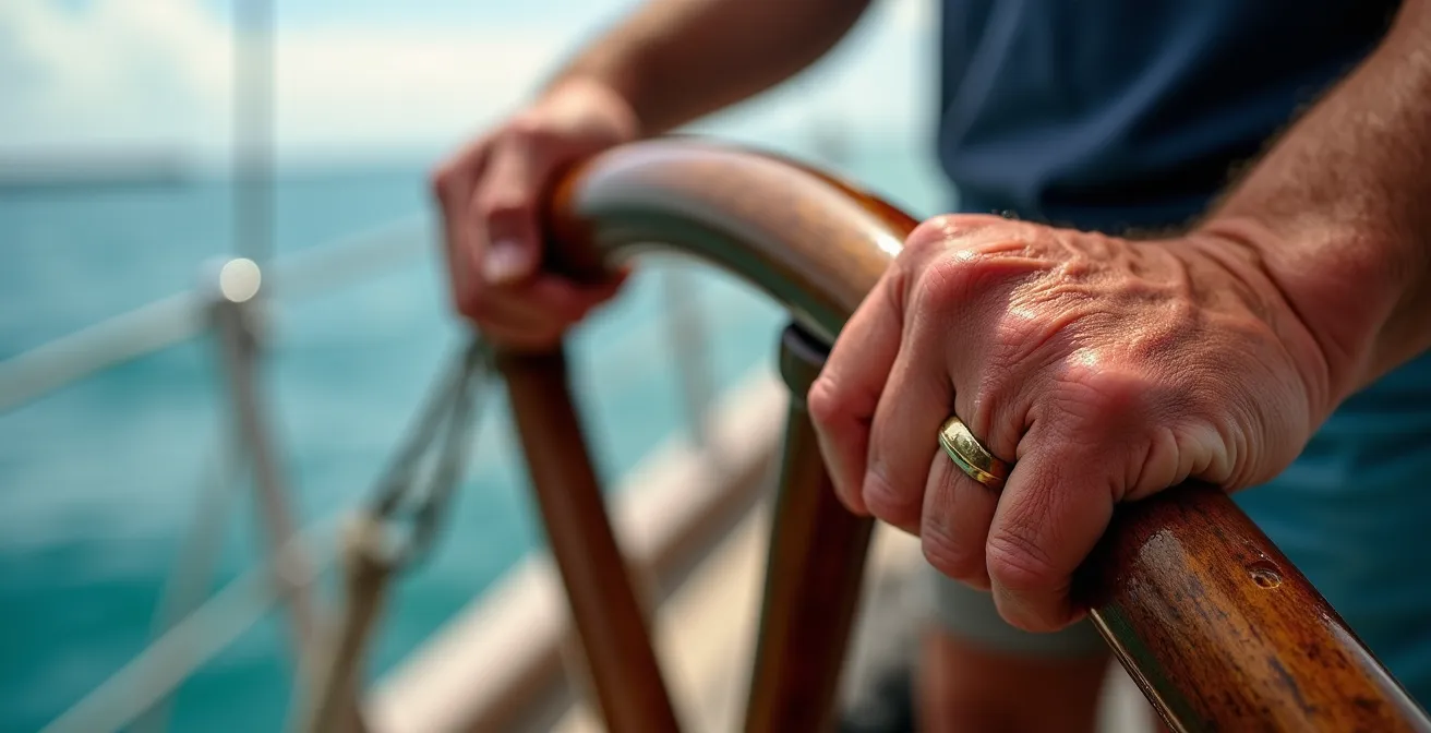 Mains d'un barreur sur la barre franche d'un monocoque en navigation