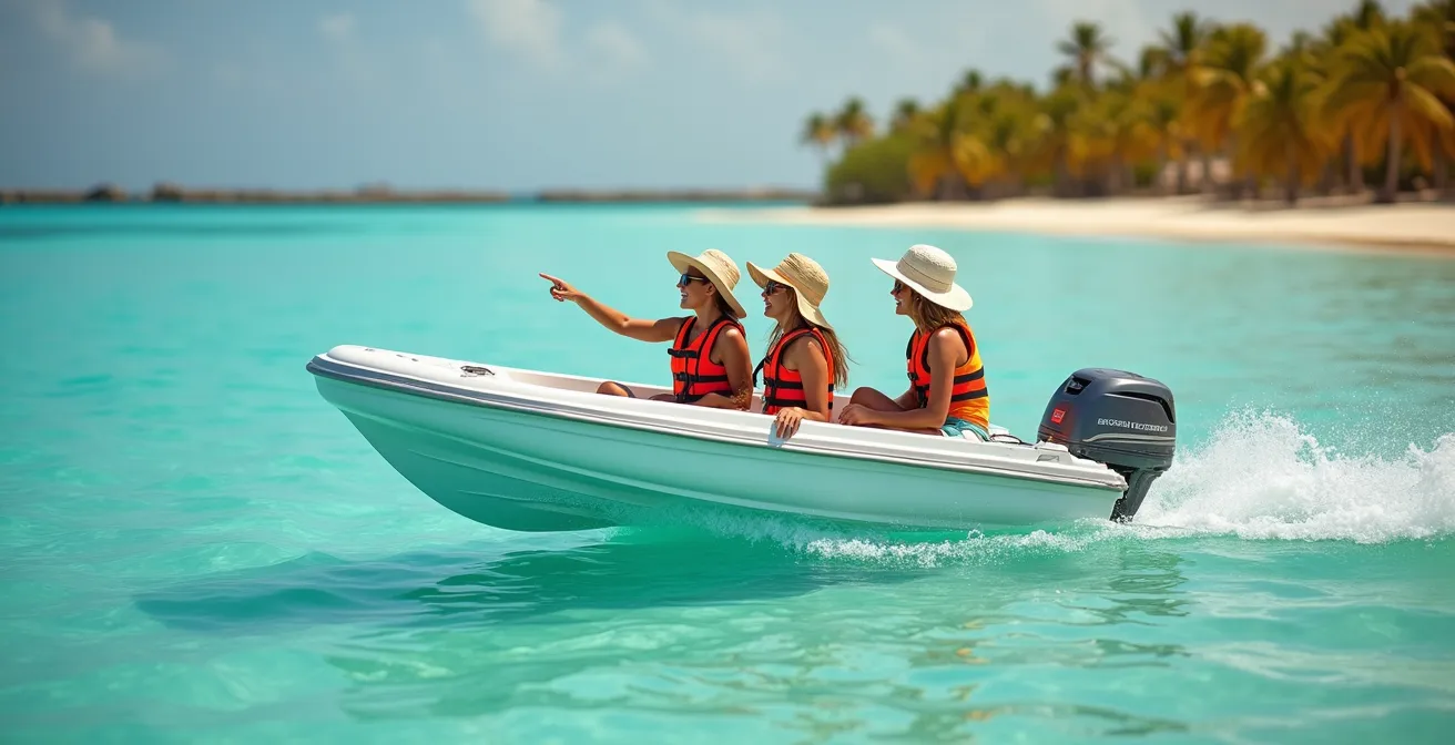 Petit bateau sans permis naviguant dans les eaux calmes du lagon de Saint-François avec vue sur la barrière de corail