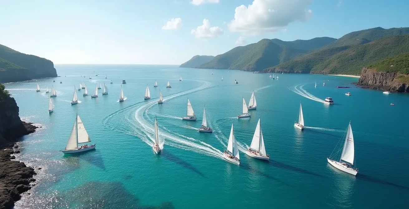 Vue panoramique d'une baie guadeloupéenne avec différents types d'embarcations nautiques