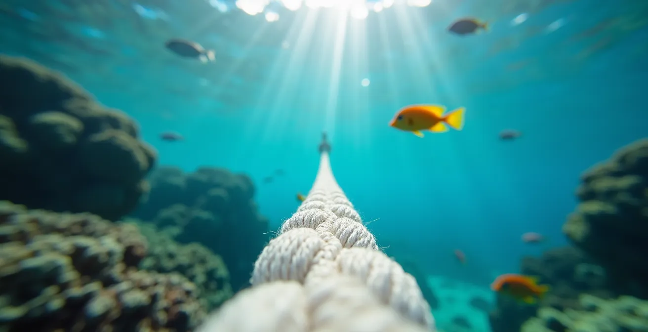 Vue sous-marine d'une bouée de mouillage avec coraux en arrière-plan dans la réserve Cousteau