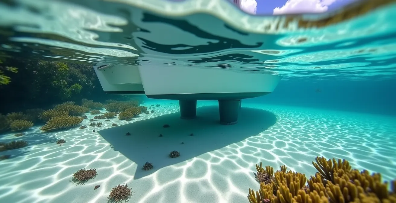 Catamaran ancré près d'une mangrove dans des eaux cristallines peu profondes