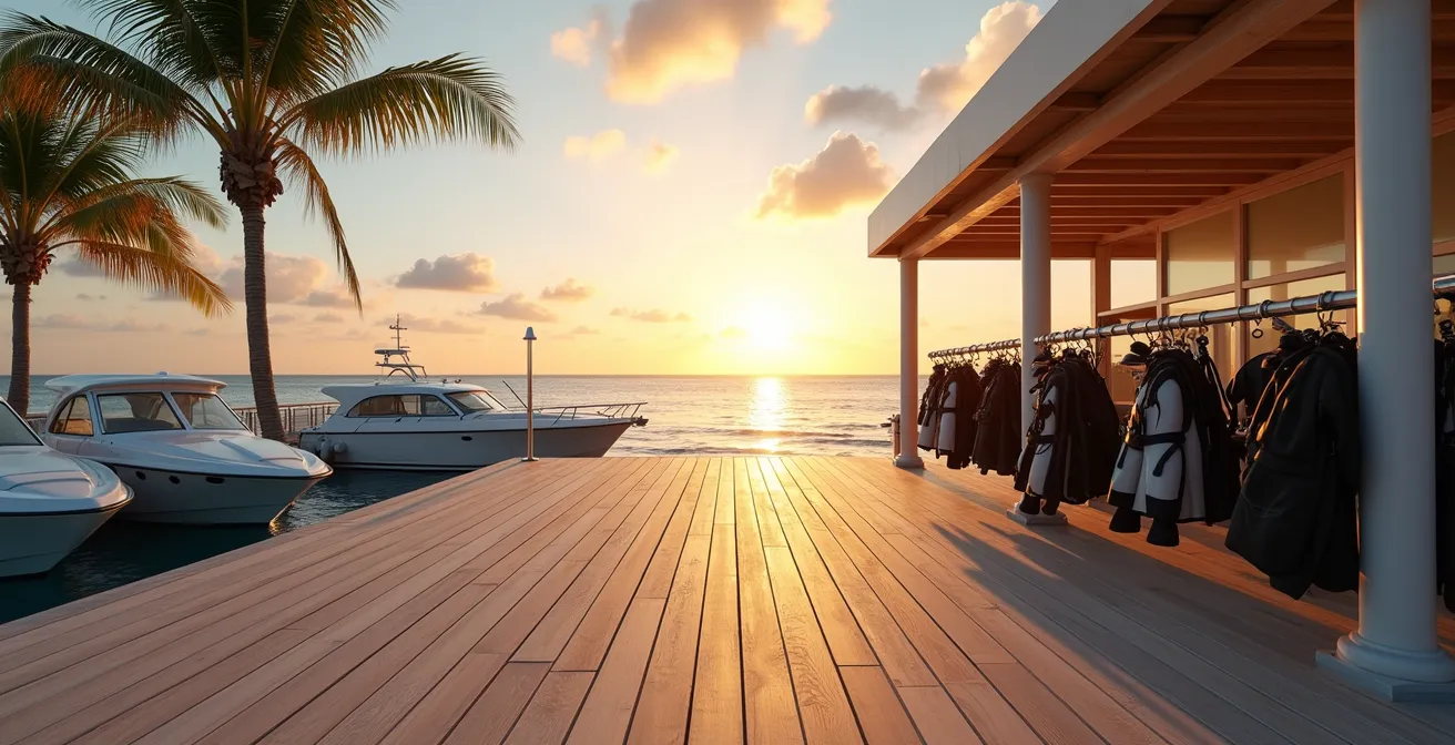 Centre de plongée moderne avec bateaux et équipements bien entretenus sur une plage tropicale