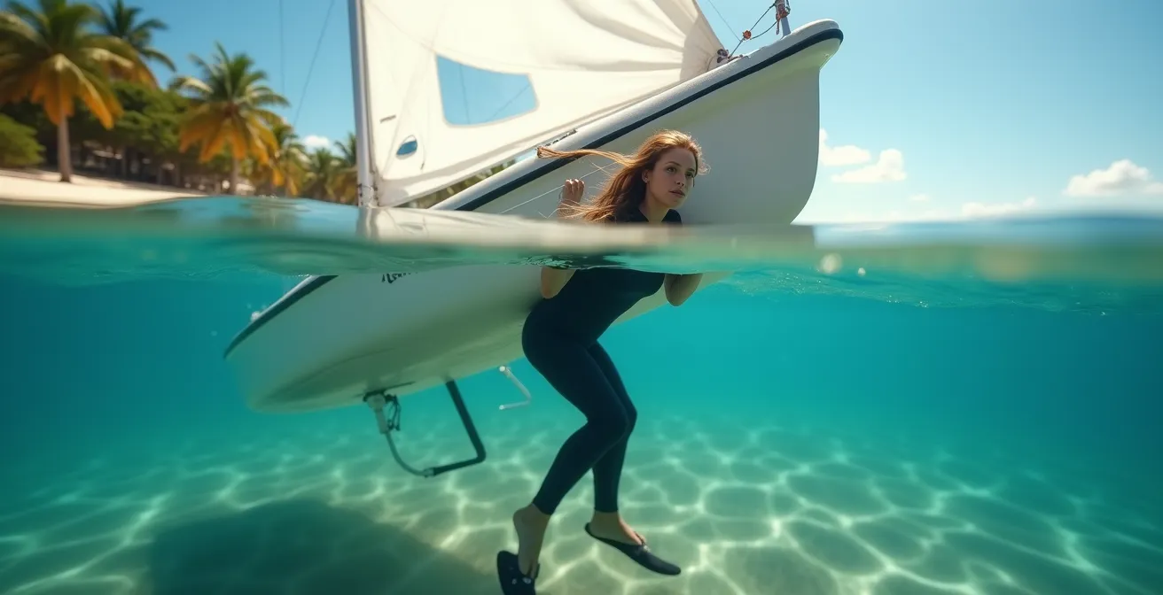 Marin redressant son dériveur après chavirage dans les eaux chaudes