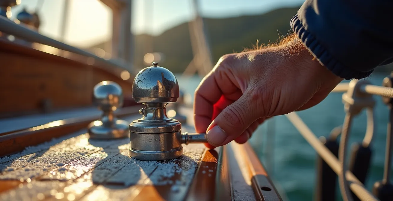 Gros plan sur des mains de marin vérifiant minutieusement l'équipement de sécurité sur le pont d'un voilier