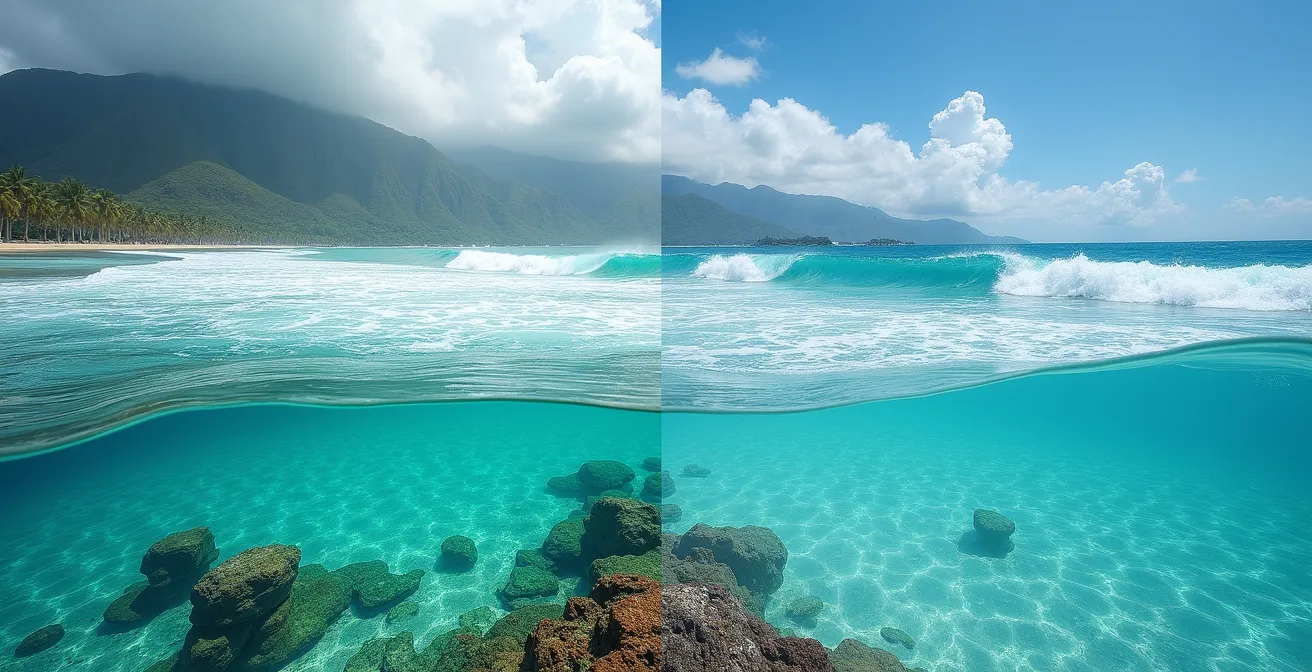 Vue comparative montrant la différence entre mer calme et houleuse selon les saisons