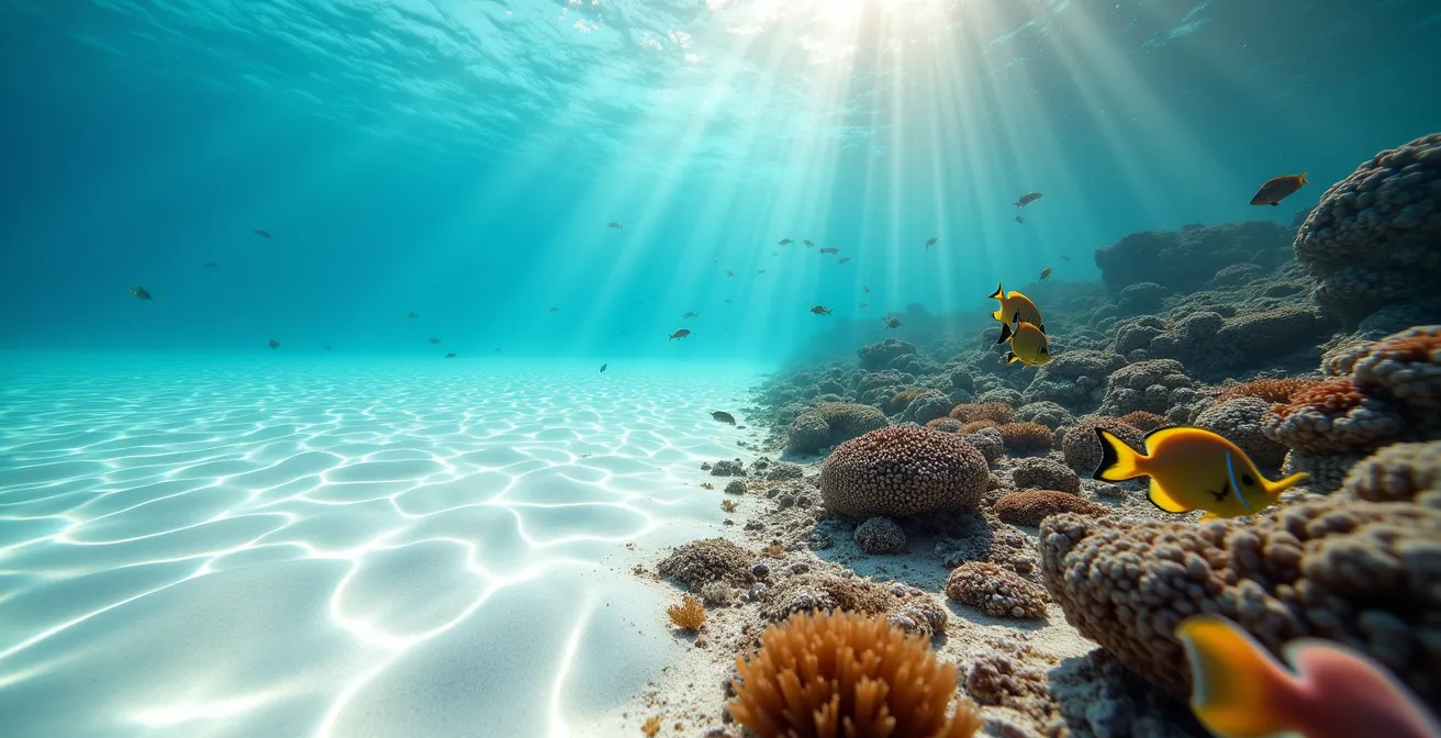 Vue sous-marine montrant la transition entre sable blanc désertique et zone de corail riche en poissons