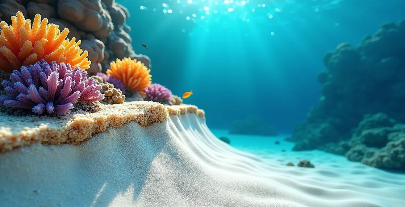 Coupe transversale d'un récif corallien montrant les différentes zones et la formation du sable blanc