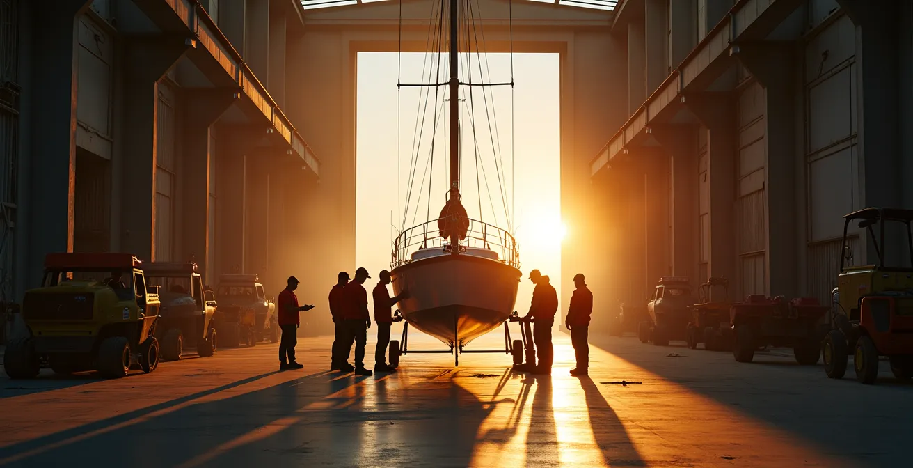 Vue large d'une équipe technique préparant un voilier de course dans un chantier naval au coucher du soleil