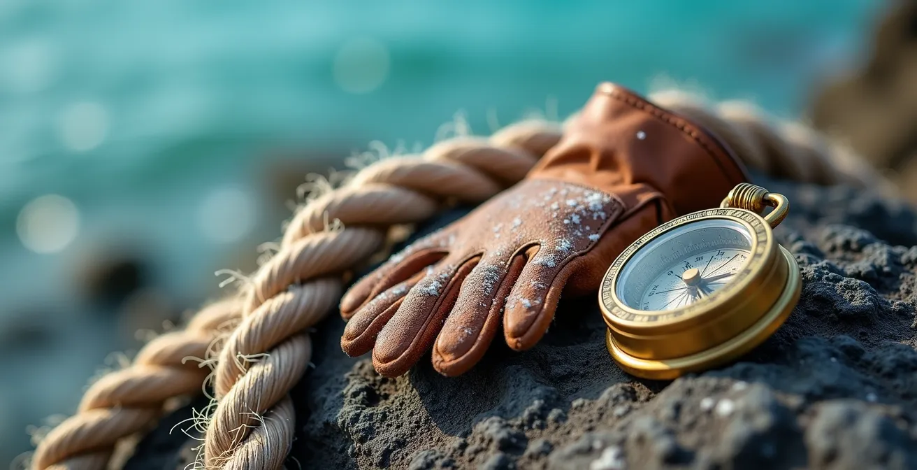 Équipement d'exploration disposé sur un rocher face à la mer des Caraïbes