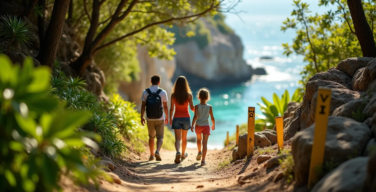 Sentier balisé menant à la Pointe Zozio avec marquage jaune visible