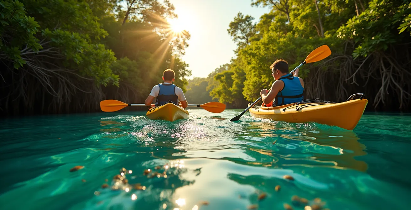 Kayakistes naviguant dans les eaux turquoise entre mangroves du Grand Cul-de-Sac Marin