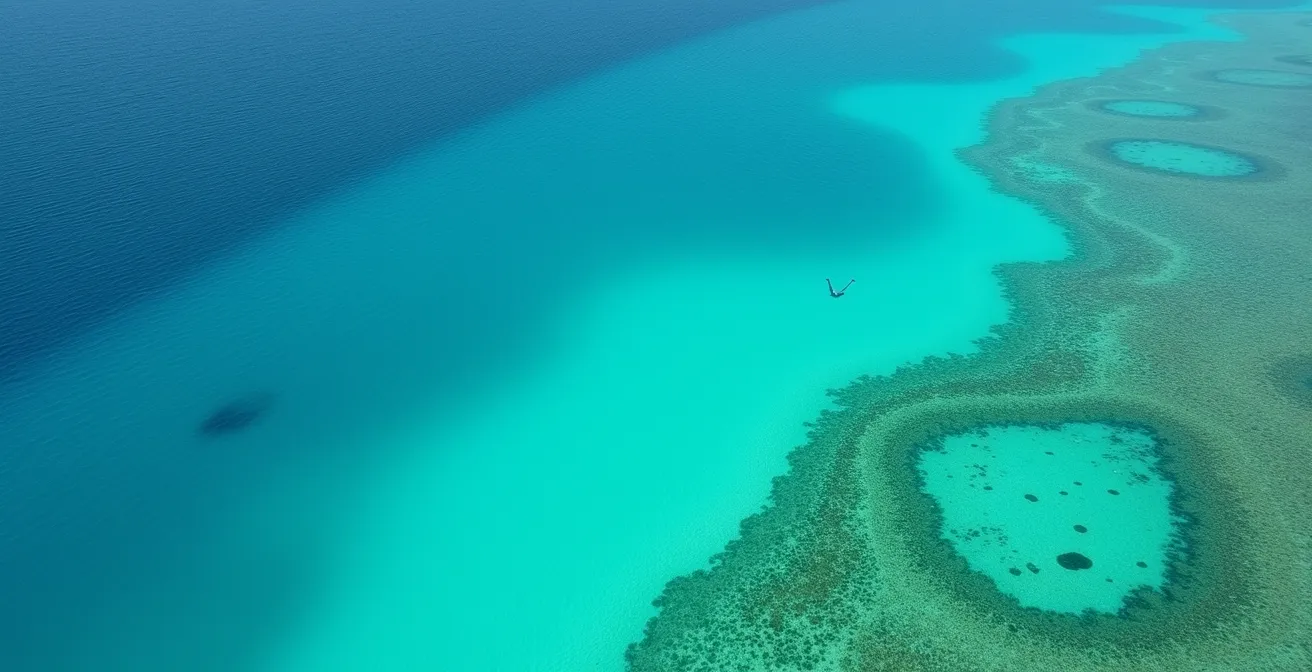 Vue aérienne montrant le gradient de couleurs de l'eau près d'un récif corallien guadeloupéen