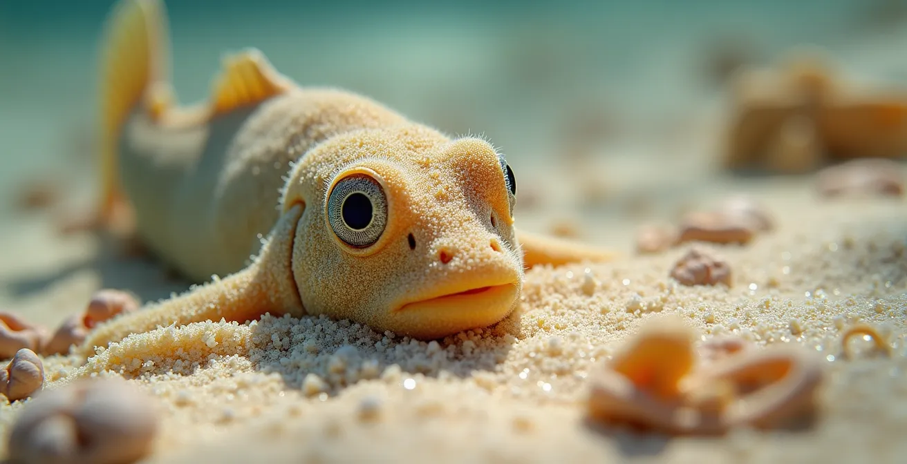 Gros plan sur un poisson camouflé dans le sable des fonds marins guadeloupéens