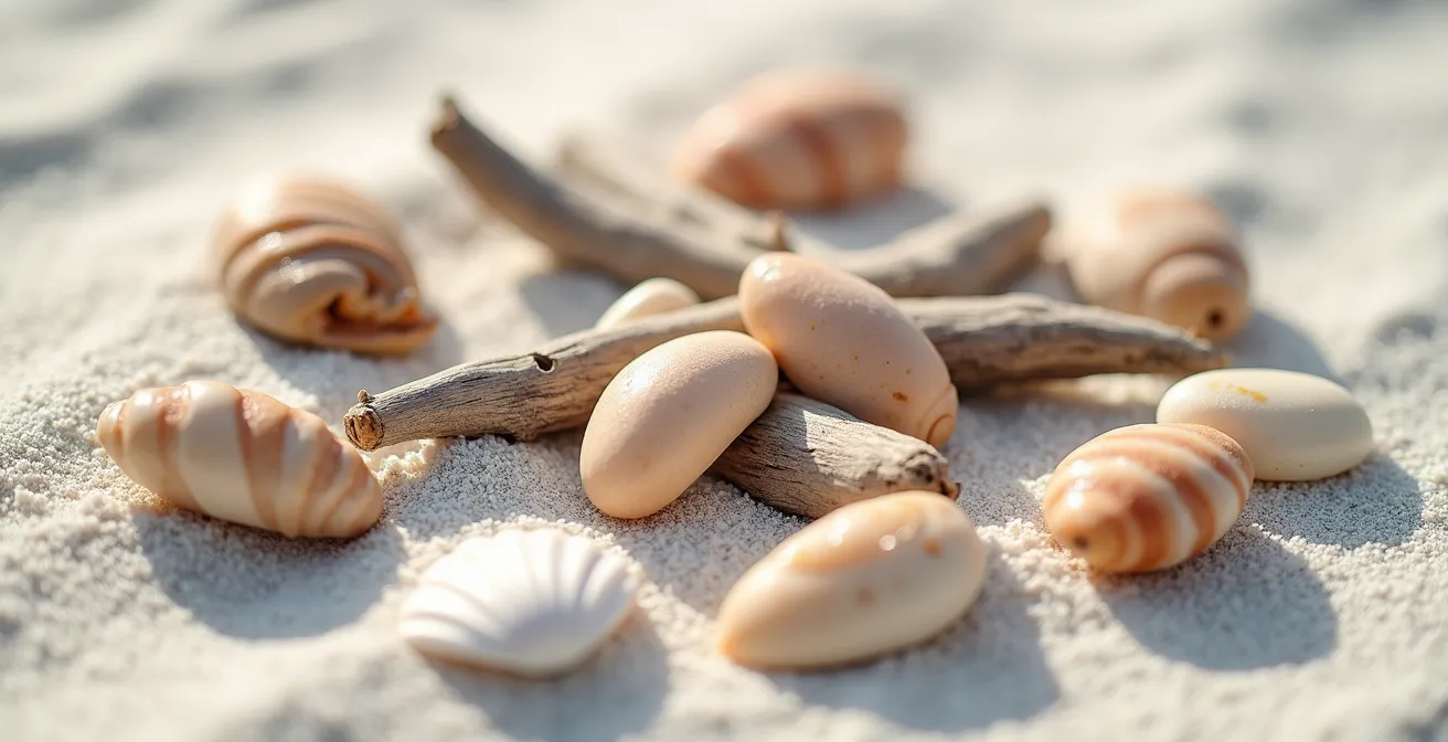 Gros plan sur des graines de mer et coquillages sur sable blanc de plage guadeloupéenne