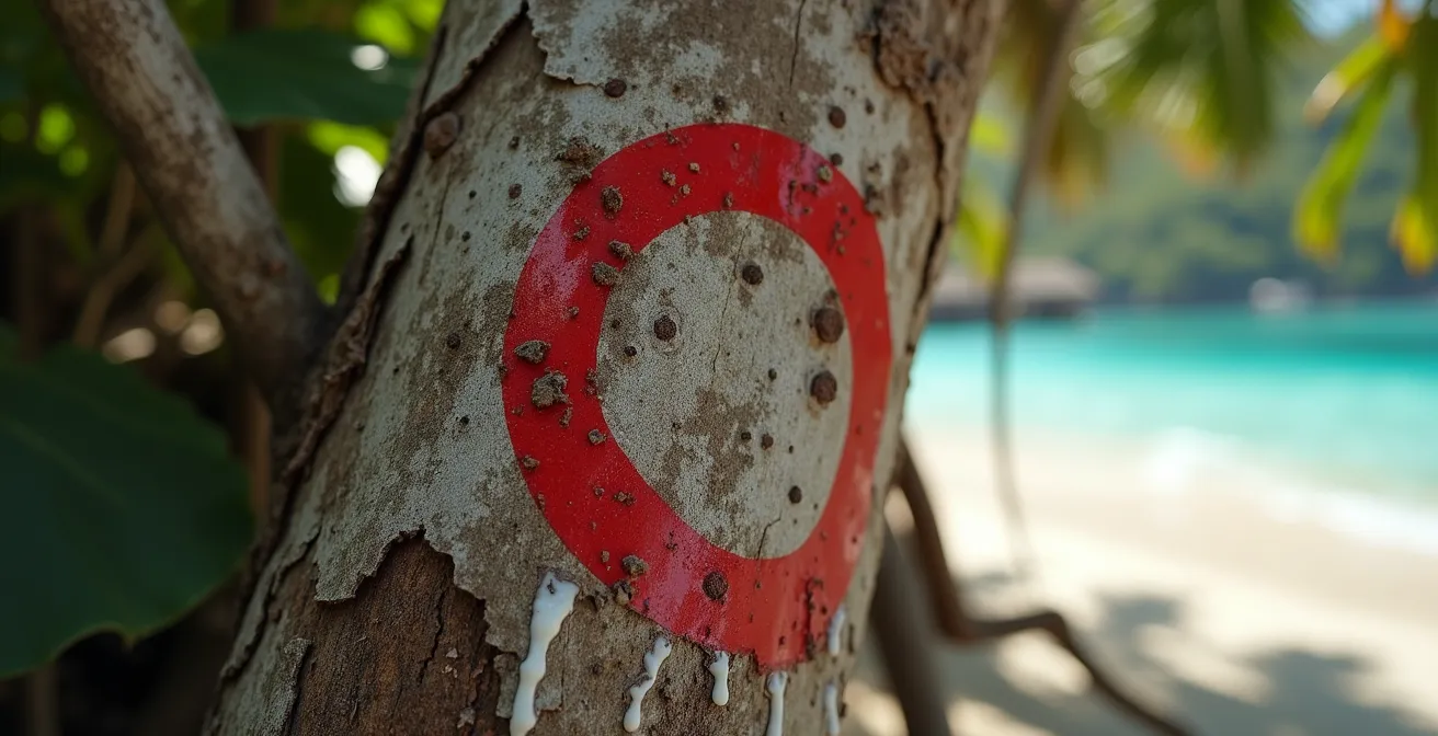 Panneau d'avertissement rouge sur un tronc d'arbre tropical près d'une plage