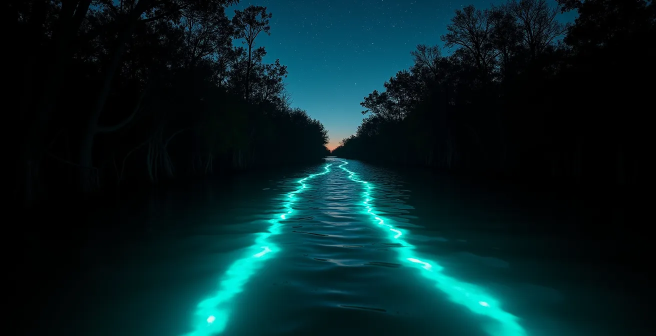 Bioluminescence magique dans les eaux de la mangrove guadeloupéenne la nuit