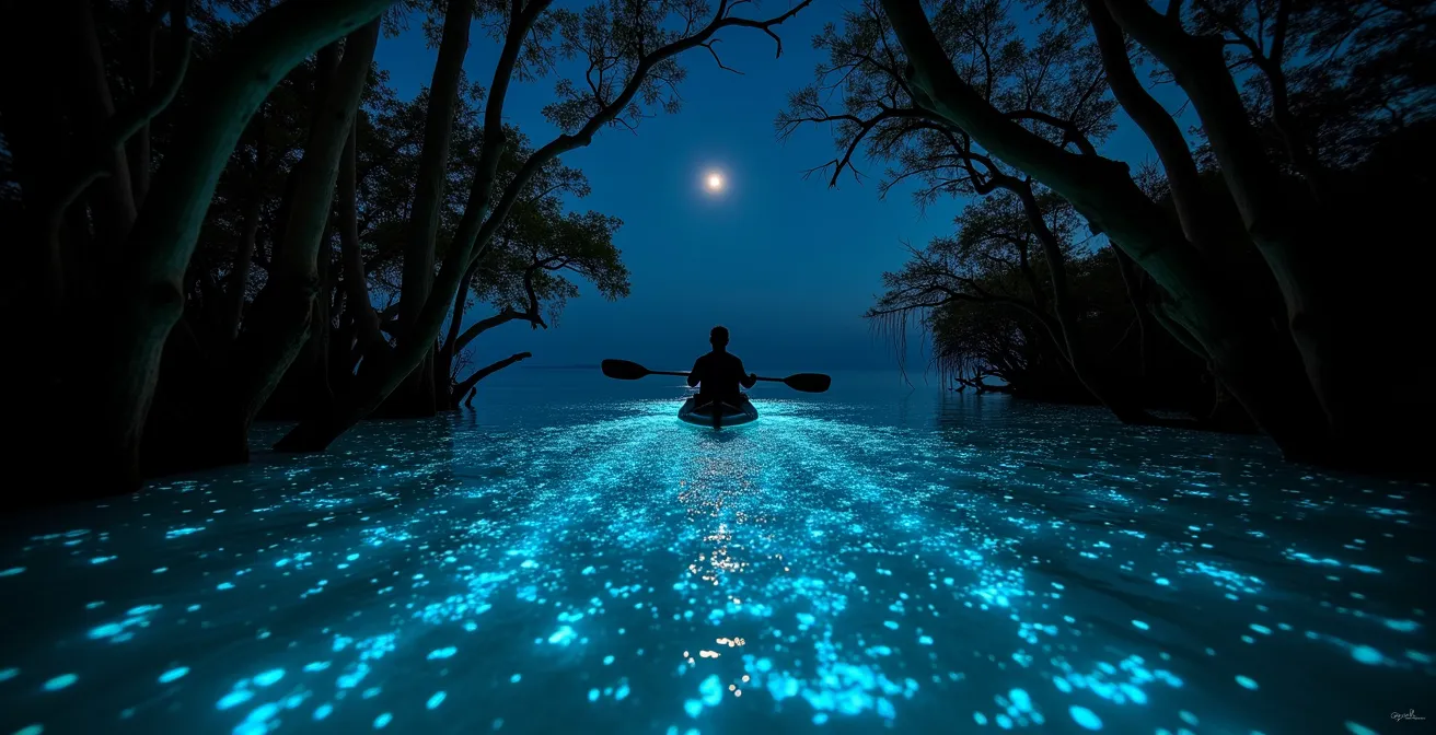 Mangrove de nuit avec phénomène de bioluminescence dans l'eau