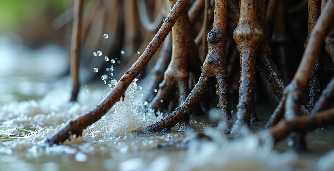 Système racinaire des palétuviers formant une barrière naturelle contre les vagues