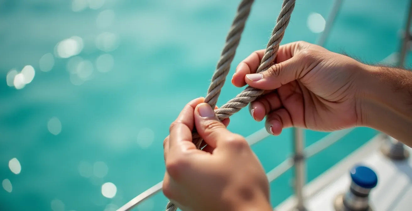 Moniteur de voile ajustant les écoutes d'un catamaran dans les eaux guadeloupéennes