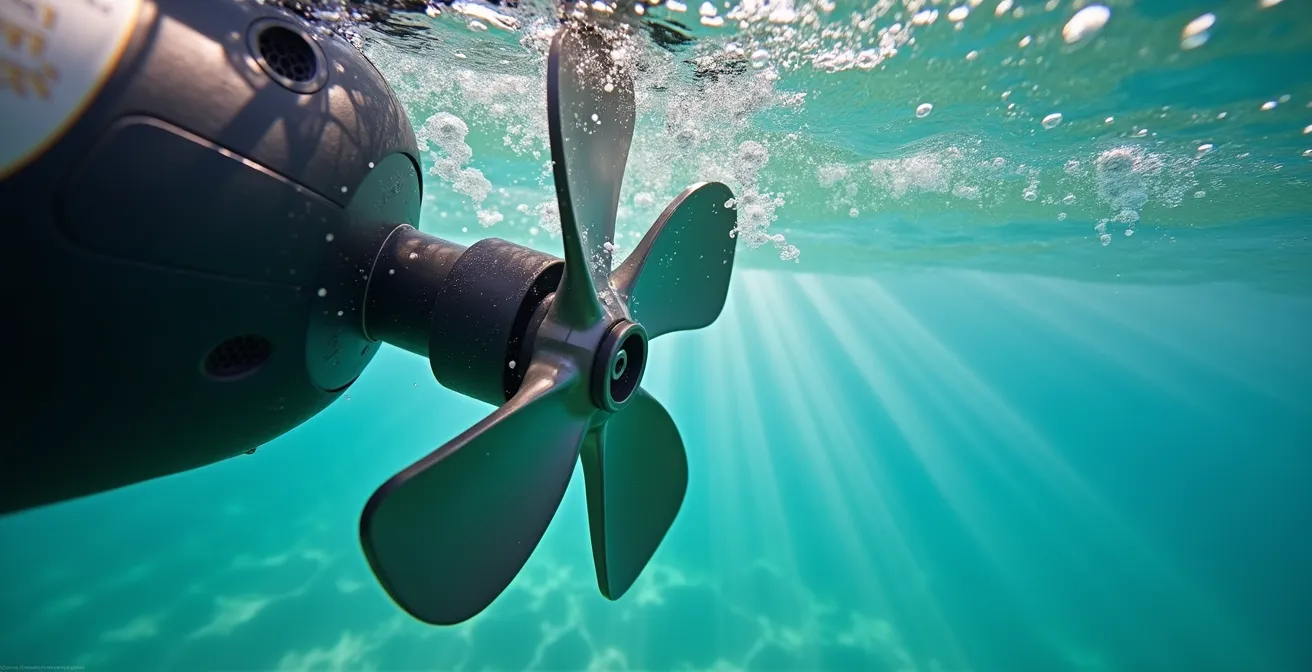 Mécanisme de propulsion à hélice d'un VTT des mers vu en détail technique