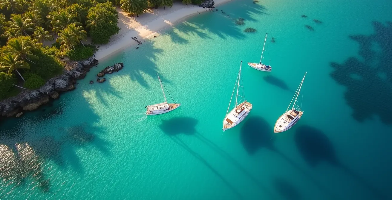 Vue aérienne d'un mouillage aux Saintes avec monocoques et catamarans