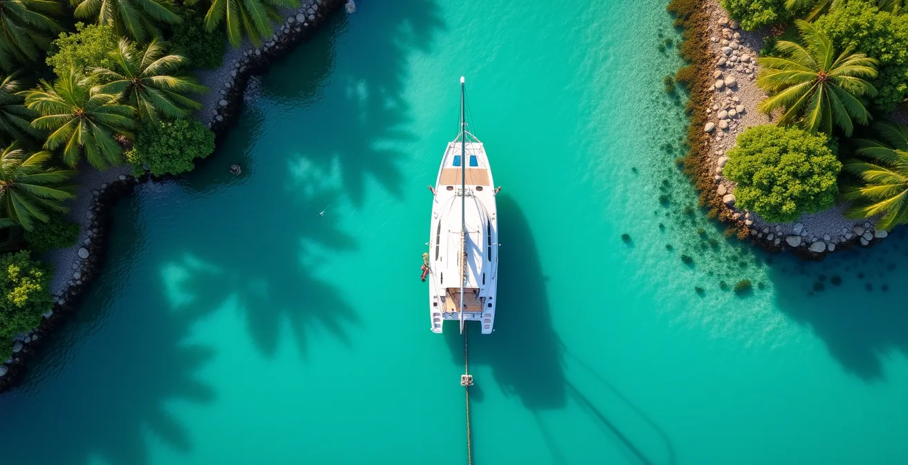 Vue aérienne d'un catamaran au mouillage dans une baie protégée de Guadeloupe