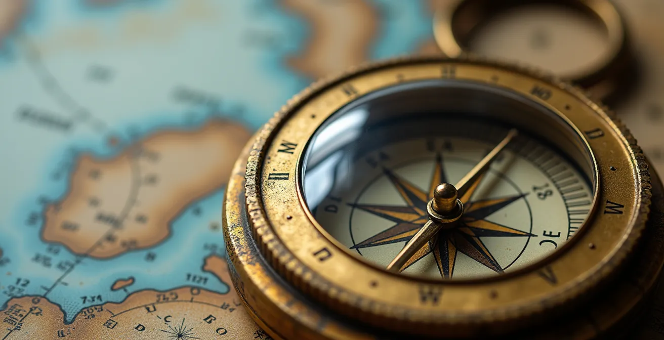 Vue macro d'un compas de navigation avec carte marine des Saintes en arrière-plan flou