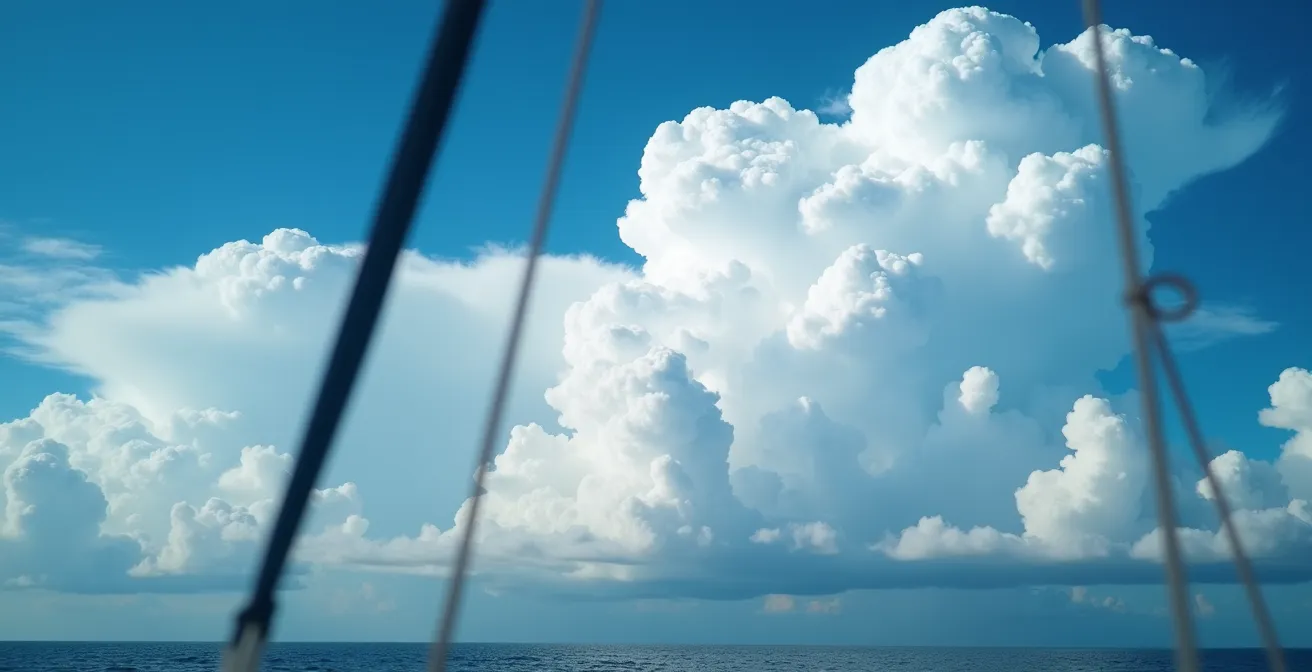 Vue depuis le pont d'un catamaran montrant le ciel tropical avec formations nuageuses caractéristiques