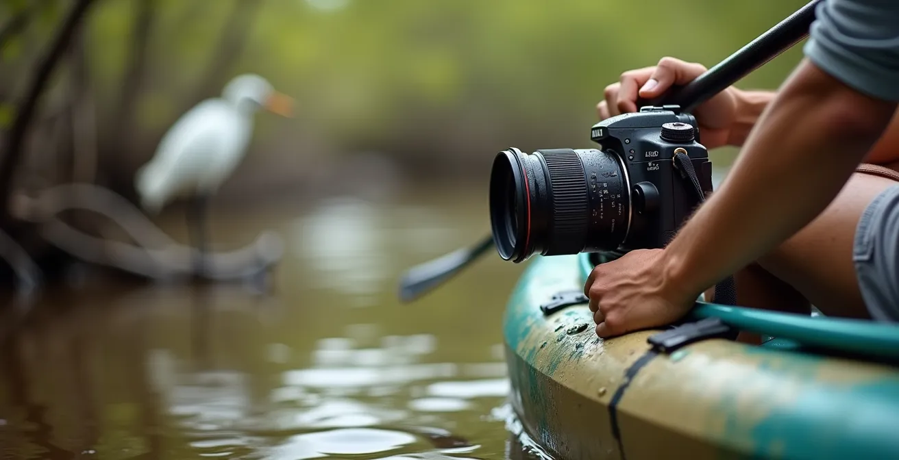 Photographe en kayak capturant des hérons dans la mangrove guadeloupéenne