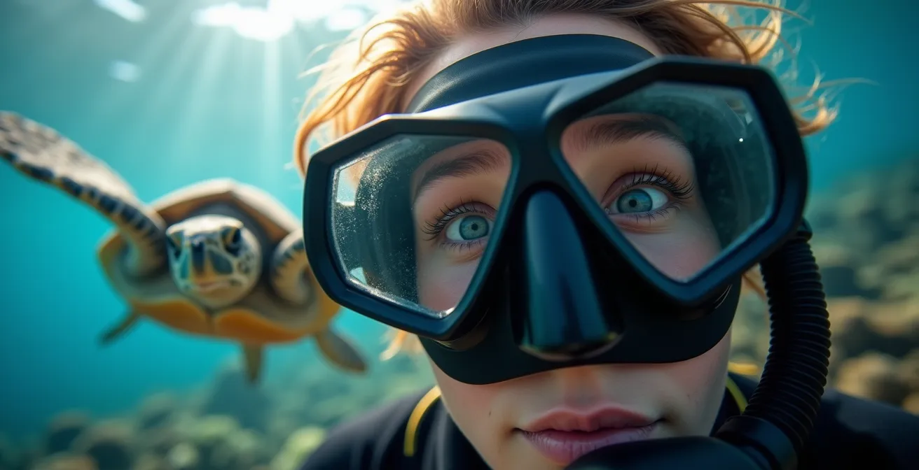 Plongeur émerveillé observant une tortue marine dans les eaux cristallines