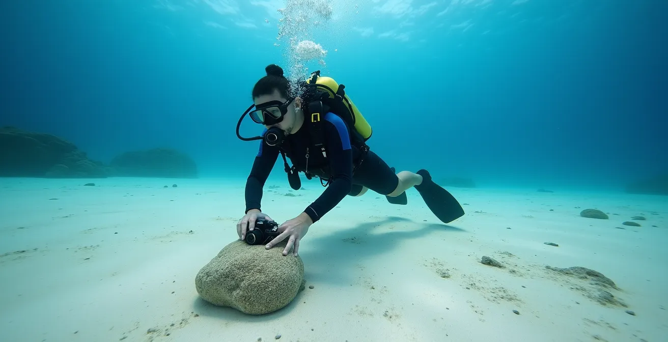 Plongeur en position horizontale photographiant près du fond sableux