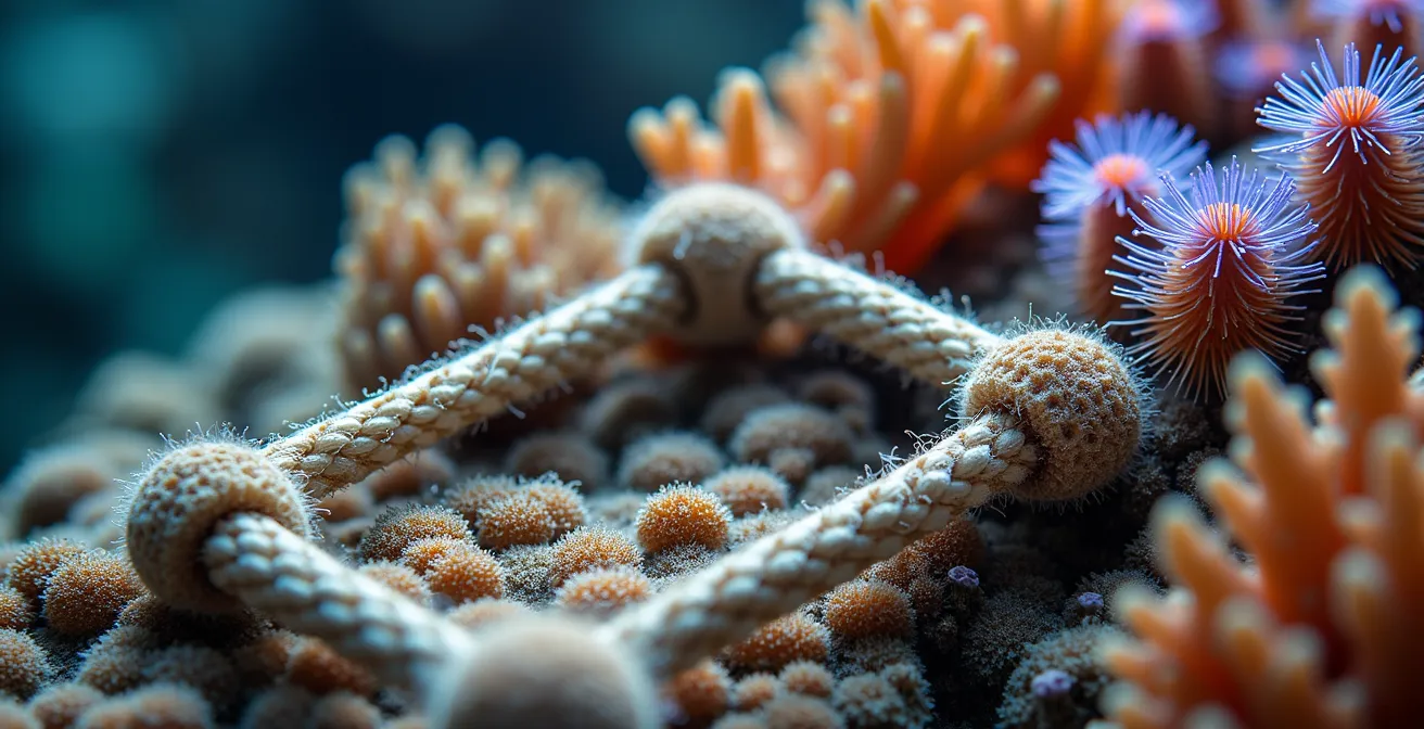 Vue macro d'un cadre d'observation posé sur un récif corallien coloré